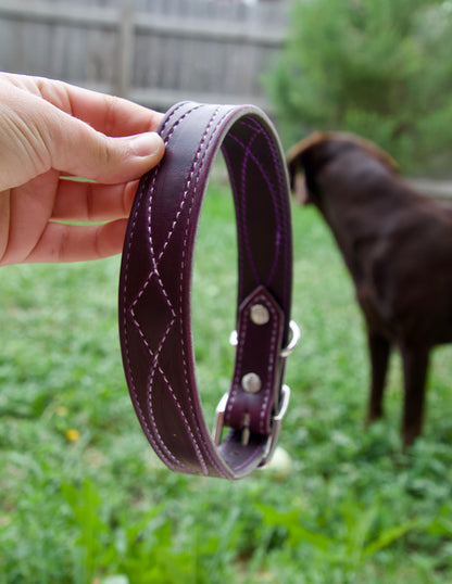 Plum Stitched Tapered Dog Collar